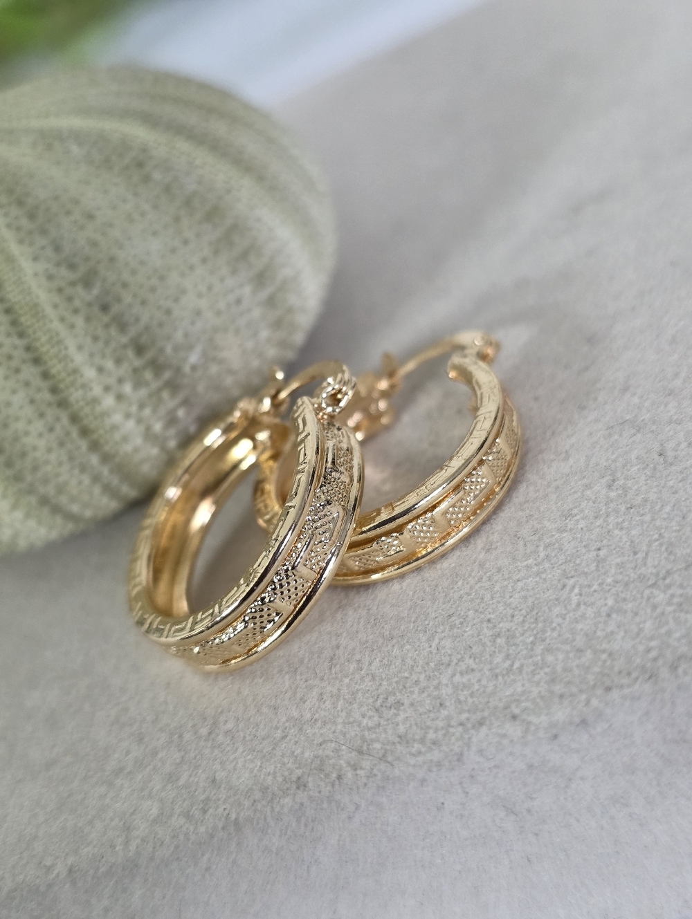 Gold Filled Greek Key Etched Hoop Earrings